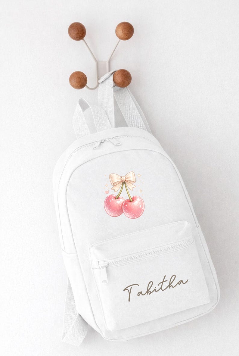 Personalised Girls Rucksack, Cherry Backpack, Toddler Nursery Bag, Custom Name Bag, School Back Pack zdjęcie 2