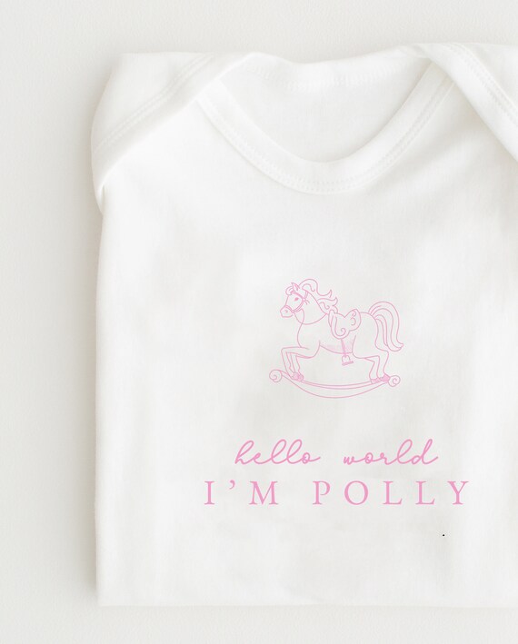 Personalised Hello Word Babygrow and hat Pink Rocking Horse Sleepsuit  Baby Grow New Baby Baby Announcement Baby Shower