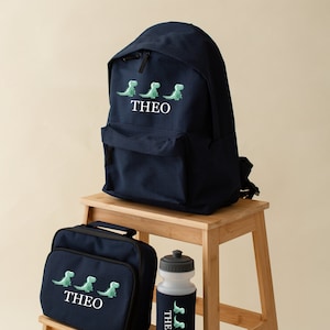 Ensemble de sac à dos personnalisé sur le thème du dinosaure vert T rex, bouteille d'eau - sac à dos, 2 tailles - boîte à sandwich - kit école filles garçons - kit loisirs