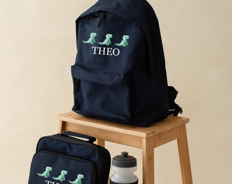 Personalised Dinosaur green T rex themed backpack set, water bottle - rucksack, 2 sizes - sandwich box - Girls boys school set -hobby set