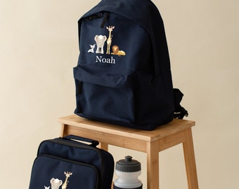 Personalised Safari backpack set, water bottle - rucksack, 2 sizes - sandwich box - Girls boys school set -lion, elephant, giraffe, hobby