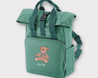 Personalised Teddy Backpack Rucksack Girls Boys Bag , nursery bag, Baby Bag, Roll Top, Various Colours, Back to school, Back to school