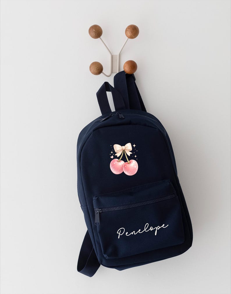Personalised Girls Rucksack, Cherry Backpack, Toddler Nursery Bag, Custom Name Bag, School Back Pack zdjęcie 8