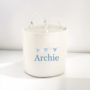 Personalised Blue Bunting children&#39;s Toy tub, storage basket, Toy box, Baby shower gift, baby Nursery, Laundry basket, Kids bedroom storage
