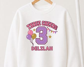 Three Cheers Birthday Sweatshirt for Girls, Personalised Number 3 Balloon Jumper
