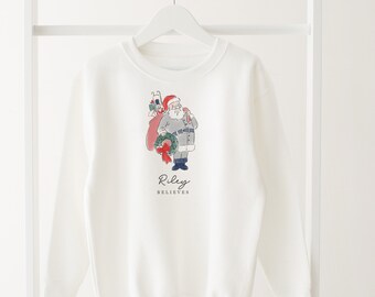 Personalised Christmas Sweatshirt Christmas jumper Santa Believes Boys Girls Childrens