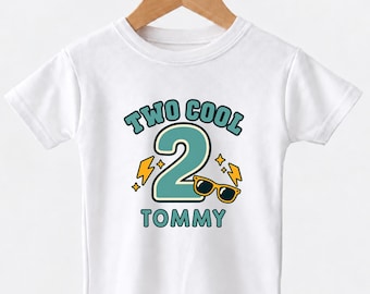 Two Cool 2nd Birthday T-Shirt, Personalised Name Top with Sunglasses & Lightning Bolts