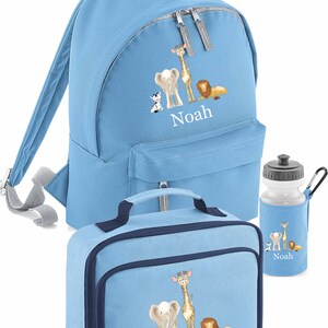 May include: A blue backpack, lunch bag, and water bottle set with a safari animal design. The set is personalized with the name "Noah".