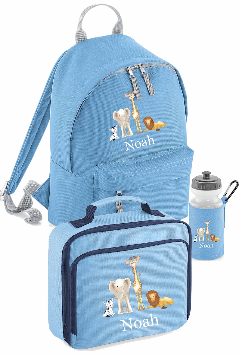 May include: A blue backpack, lunch bag, and water bottle set with a safari animal design. The set is personalized with the name "Noah".