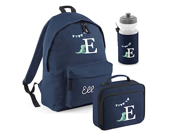 Personalised Rucksack Dinosaur nursery set school set water bottle  - sandwich box - Backpack- Girls boys school set - Green dinosaur