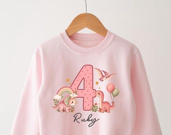 Personalised Pink Dinosaur Birthday Sweatshirt, Girls Custom Name & Age 1-5 Jumper
