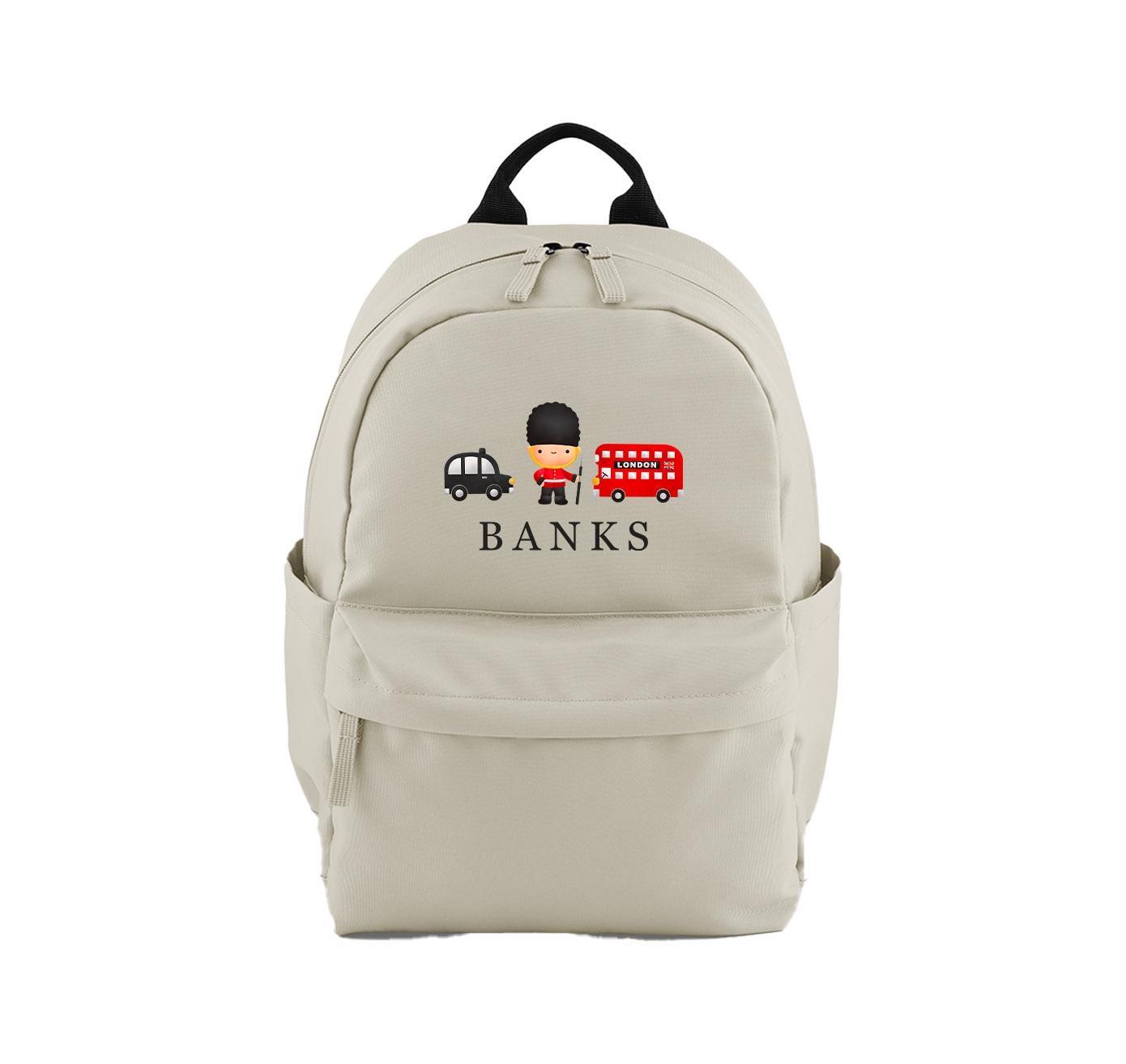 Personalised London Rucksack- Backpack- school bag -children's school -Nursery bag - side pockets - drink pouch - Bus, Taxi , London theme