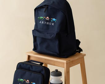Personalised Monster Trucks rucksack, backpack, water bottle - rucksack, sandwich box, Girls boys school bag - lunch bag, cars, 2 sizes