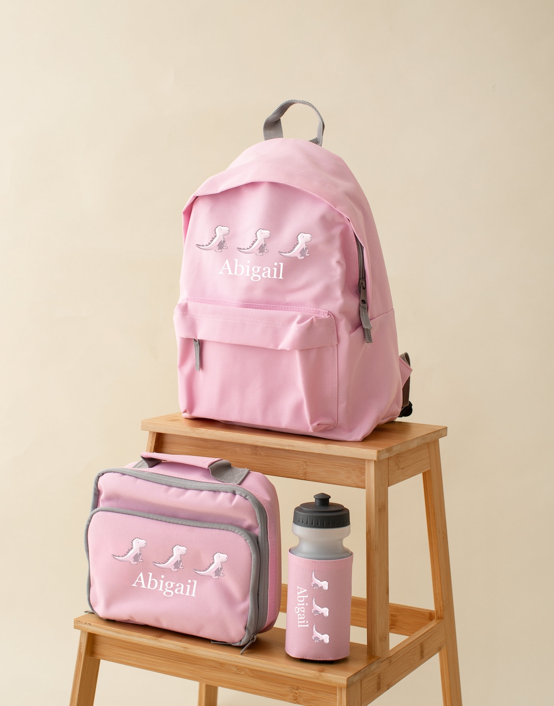 Personalised Dinosaur pink T rex backpack set, water bottle
