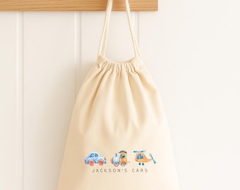 Personalised Toy Storage Bag | Kids Cotton Sack | Playroom Tidy | Cars, helicopter, train