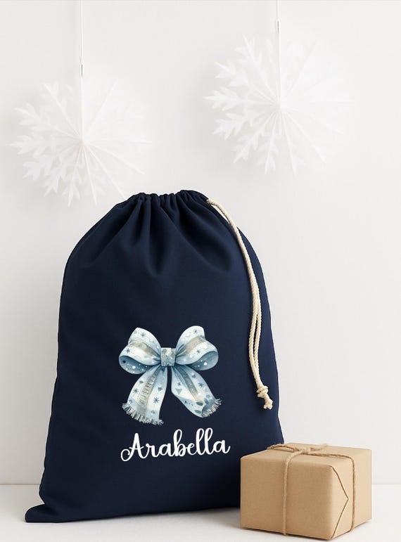 Personalised Kids Christmas Sack | Santa Gift Bag with Name | Christmas Eve Sack  | Blue Bow Design