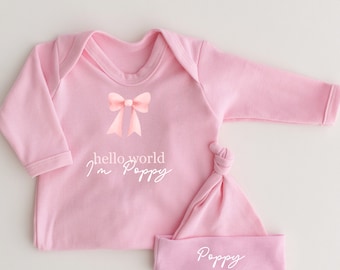 Personalised Hello World Babygrow and Hat- Sleepsuit -new Baby