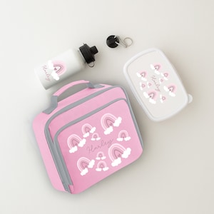 Personalised Rainbow lunch nursery set school set water bottle - cooler box - sandwich box - Pink Rainbow