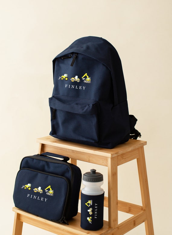 Personalised Construction backpack set water bottle rucksack 2 sizes sandwich box Girls boys school set building digger hobby set Etsy