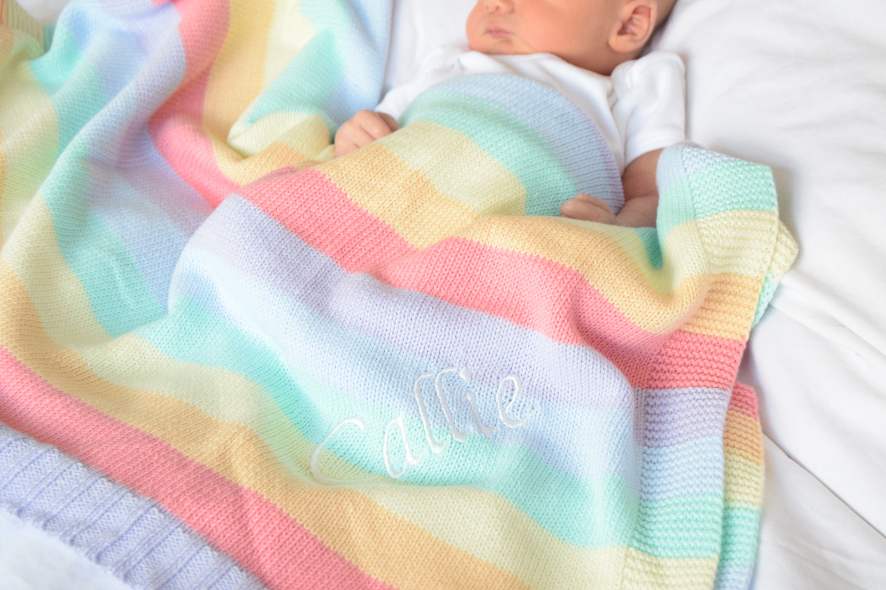 Personalised Rainbow Knitted Blanket Cotton Baby Blanket Etsy