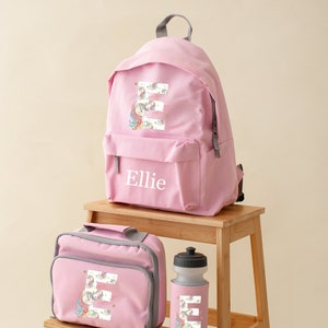 Personalised Unicorn backpack set, initial and name water bottle - rucksack, 2 sizes - sandwich box - Girls boys school set -mythical