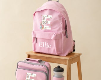 Personalised Unicorn backpack set, initial and name water bottle - rucksack, 2 sizes - sandwich box - Girls boys school set -mythical