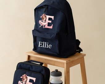 Personalised ballet Dancer backpack set, initial and name water bottle - rucksack, 2 sizes - sandwich box - Girls boys school set -ballerina