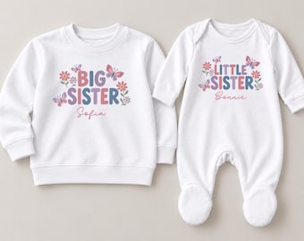 Floral Big & Little Sister Outfits – Personalised Butterfly T-Shirt, Sweatshirt or Babygrow