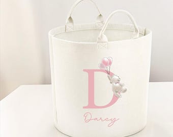 Personalised children's Storage , Toy tub, storage basket, Toy box, Baby shower gift, baby Nursery, basket, blanket box, Pink bear balloons