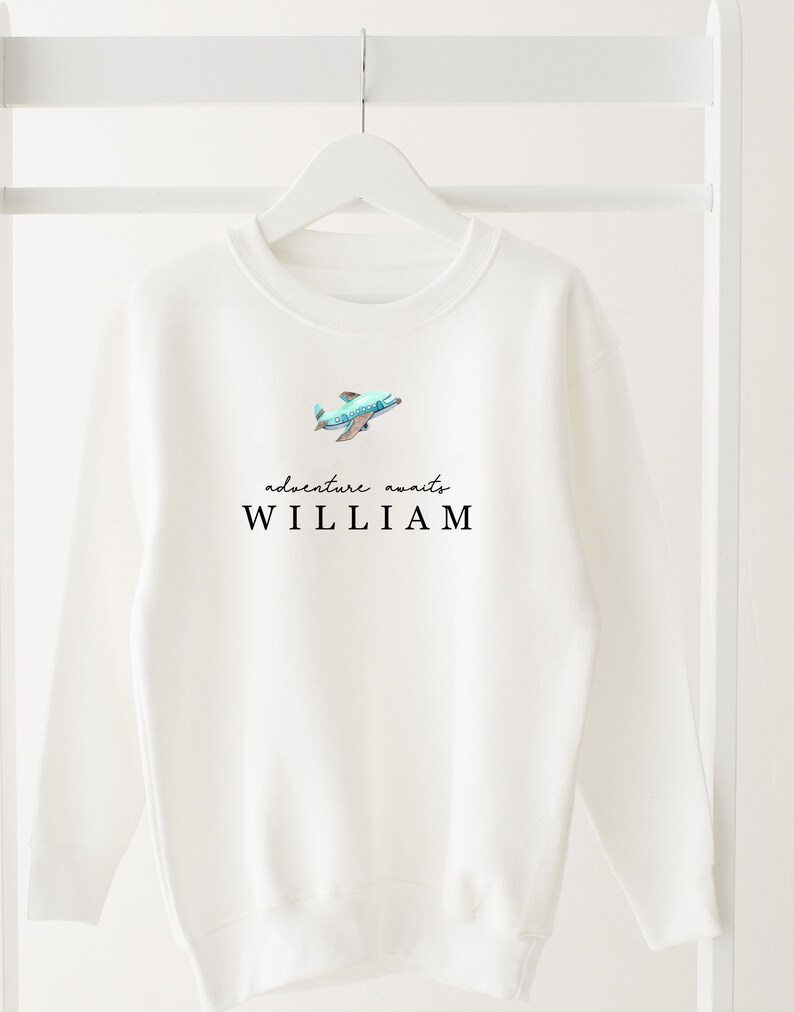 Personalised Holiday sweatshirt - Airport Outfit- First Time flyer - Aeroplane sweatshirt - Pale blue and white bild 2
