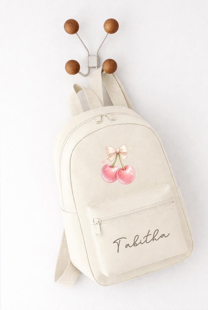 Personalised Girls Rucksack, Cherry Backpack, Toddler Nursery Bag, Custom Name Bag, School Back Pack zdjęcie 1