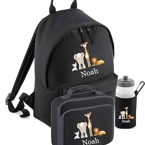 May include: Black backpack with a lunch bag and water bottle. The backpack and lunch bag have a design of a giraffe, elephant, lion, and a small animal. The name "Noah" is embroidered on the backpack and lunch bag.