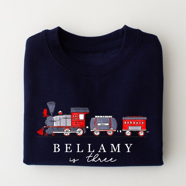 Personalised birthday T-shirt - Children's tshirt Train -Transport Steam Engine -Kids Any age - Pale Blue or Navy top