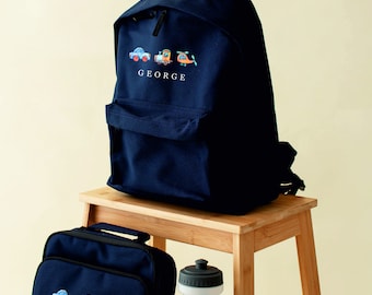 Personalised Transport, car, helicopter backpack set, water bottle - rucksack, 2 sizes - sandwich box - Girls boys school set - hobby set
