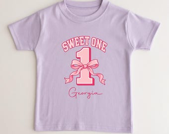 Personalised Girls 1st Birthday T-Shirt, Sweet One Pink Bow & Name Design