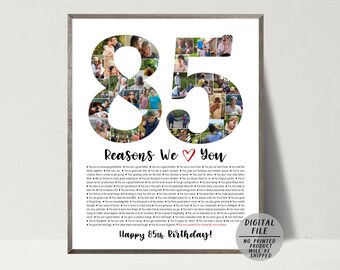 85 Gründe, warum wir dich lieben-85. Geburtstag Bilder Collage-Personalisiertes Geschenk für Oma Opa-Nummer 85 Foto Collage-Individuelle Collage Geschenk