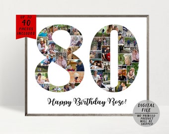80er Geburtstag Fotocollage-Zahl 80 Fotocollage-80 Jahre Fotocollage-Bilder Collage Digital-80 Geburtstag Geschenk-Druckbare Collage