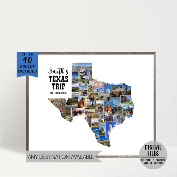 State Photo Collage-Texas Photo Collage-Personalized Gift For Traveler-Travel Photo Collage-State Map Collage Gift-Printable Collage