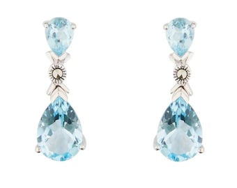 Art Deco Marcasite and Blue topaz Drop Earrings in Sterling Silver