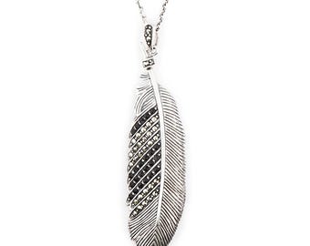 Feather Pendant Necklace in Marcasite, Black Onyx and Sterling Silver