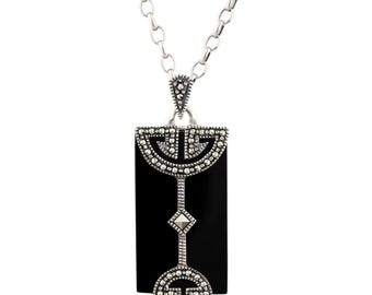 Art Deco Black Onyx Pendant – Sterling Silver Marcasite Necklace