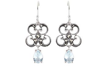 Edwardian Sterling Silver Blue Topaz Marcasite Earrings