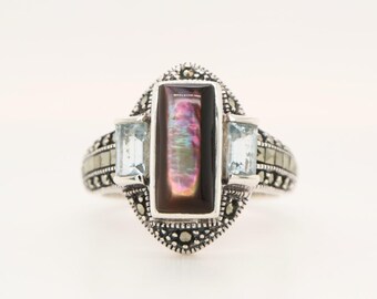 Sterling Silver Oyster Shell Ring, Pale Blue Topaz, Marcasite