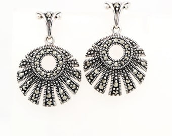 Circular Fan Marcasite Earrings in Sterling Silver- Art Deco Earrings