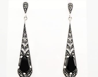 Art Deco Sterling Silver Onyx Drop Earrings - Vintage Marcasite