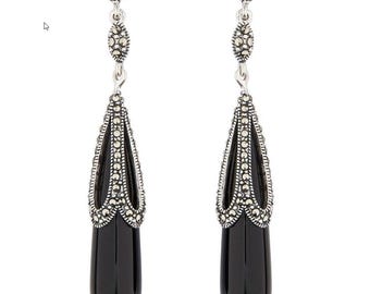 Art Deco Drop Design Earrings in Black Onyx, Marcasite and Sterling Silver