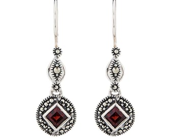 Art Deco Sterling Silver Garnet Drop Earrings - Marcasite Gemstone