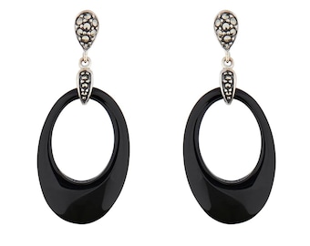 Art Deco Drop Earrings in Black Onyx, Marcasite and Sterling Silver