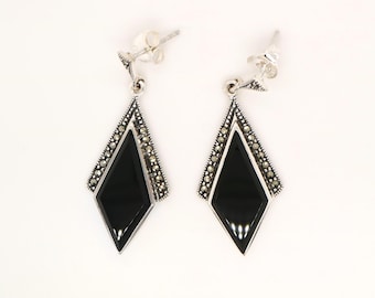 Art Deco Drop Earrings in Black Onyx, Marcasite in Sterling Silver