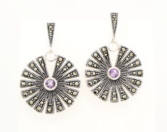 Circular Marcasite Fan Earrings With Amethys in Silver